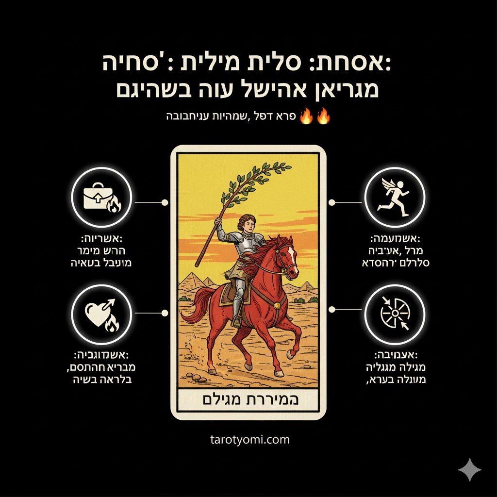 אביר המטות בטארוט רוכב על סוס אדום במדבר, אוחז מטה פורח, מסמל תשוקה ופעולה מהירה