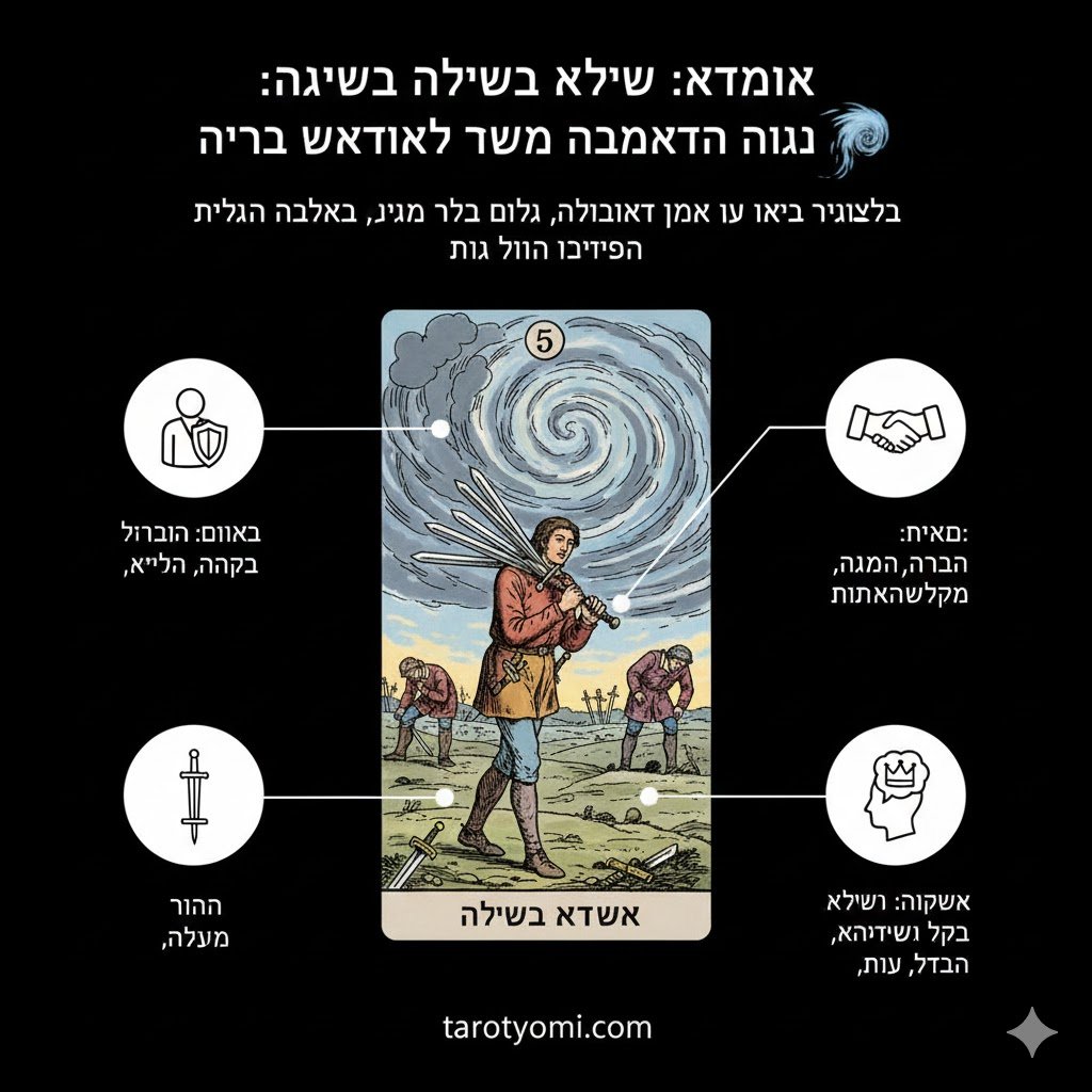 חמישה חרבות בטארוט: המנצח הזחוח והדמויות המובסות ברקע 🌪️