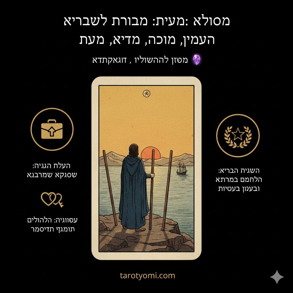 הספינות שלכם בדרך! 🚢 גלו מה קלף שלושה מטות אומר על העתיד הכלכלי והרומנטי שלכם. האם ההמתנה משתלמת? הכנסו לפירוש המקיף והאופטימי ביותר ברשת.