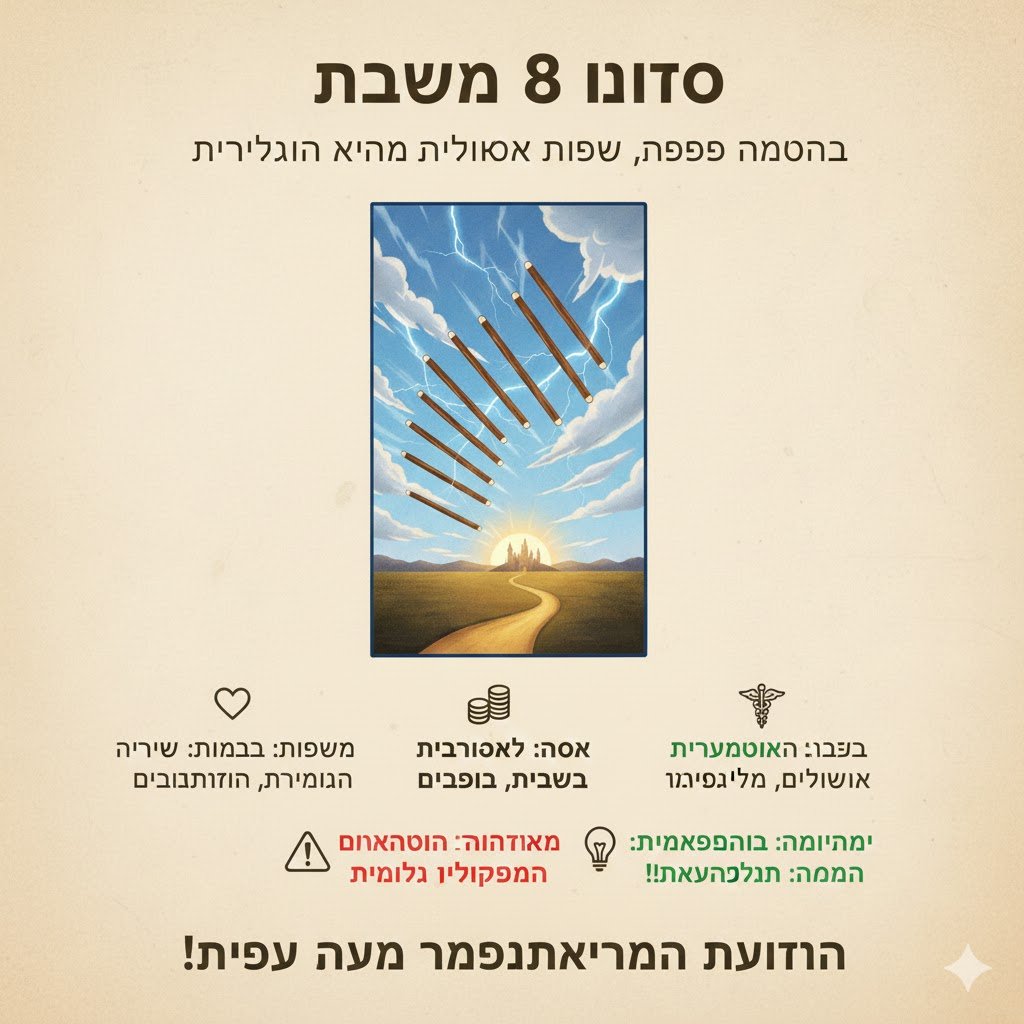 عام وشامل: "פירוש קלף 8 מטות: כל המשמעויות על אהבה, כסף ובריאות. למדו על הסכנות שבחיפזון ועל ההזדמנויות שאסור לפספס. קריאה חובה לכל חובב טארוט.