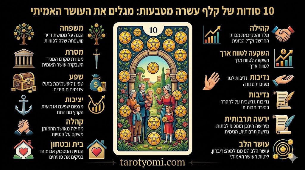 אינפוגרפיקה בעברית המציגה 10 סודות על קלף עשרה מטבעות בטארוט, כולל משפחה, מסורת, יציבות פיננסית ועושר הלב על רקע שחור.