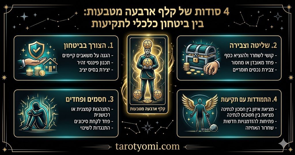 אינפוגרפיקה בעברית על קלף 4 מטבעות בטארוט המציגה את הקשר בין ביטחון כלכלי, שליטה ופחד משינוי על רקע שחור.