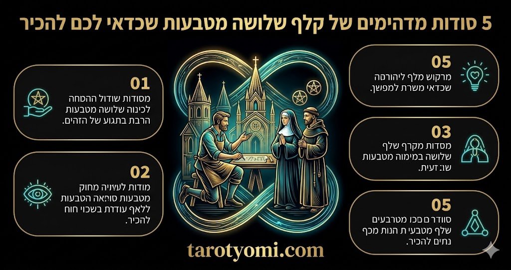 אינפוגרפיקה בעברית על קלף שלושה מטבעות בטארוט המציגה 5 סודות על שיתוף פעולה, מקצועיות ובניית יסודות להצלחה על רקע שחור.
