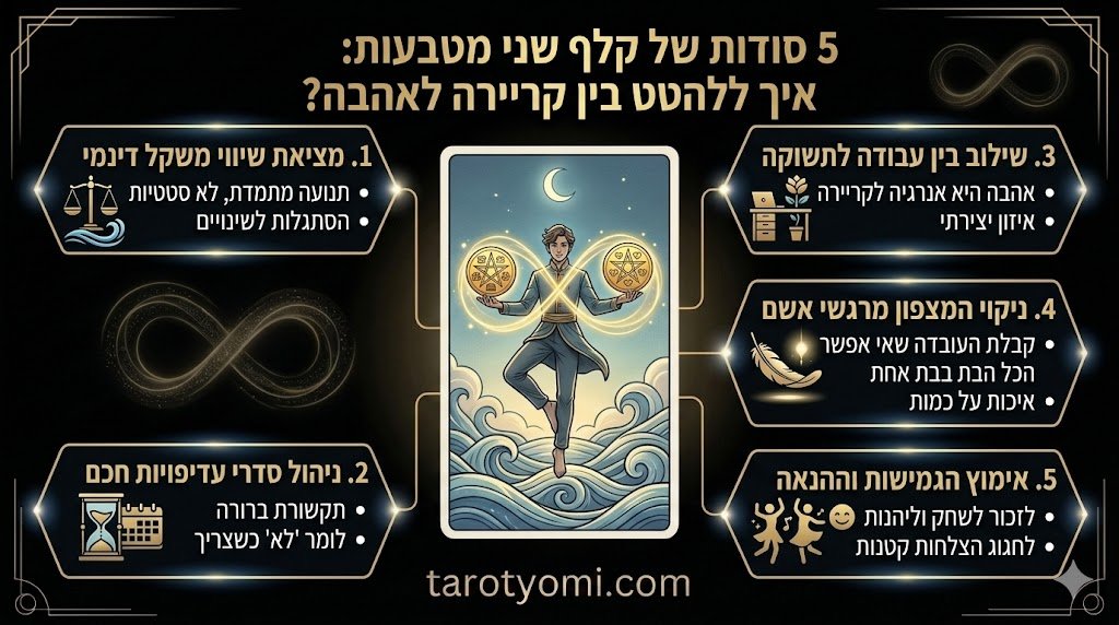 אינפוגרפיקה בעברית על קלף שני מטבעות בטארוט המציגה 5 דרכים למציאת איזון בין עבודה, זוגיות וניהול זמן על רקע שחור.