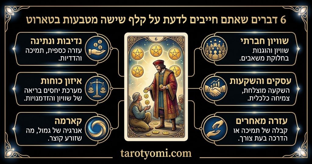אינפוגרפיקה בעברית על קלף 6 מטבעות בטארוט המציגה נדיבות, איזון כוחות, קארמה ועזרה לזולת על רקע שחור יוקרתי.