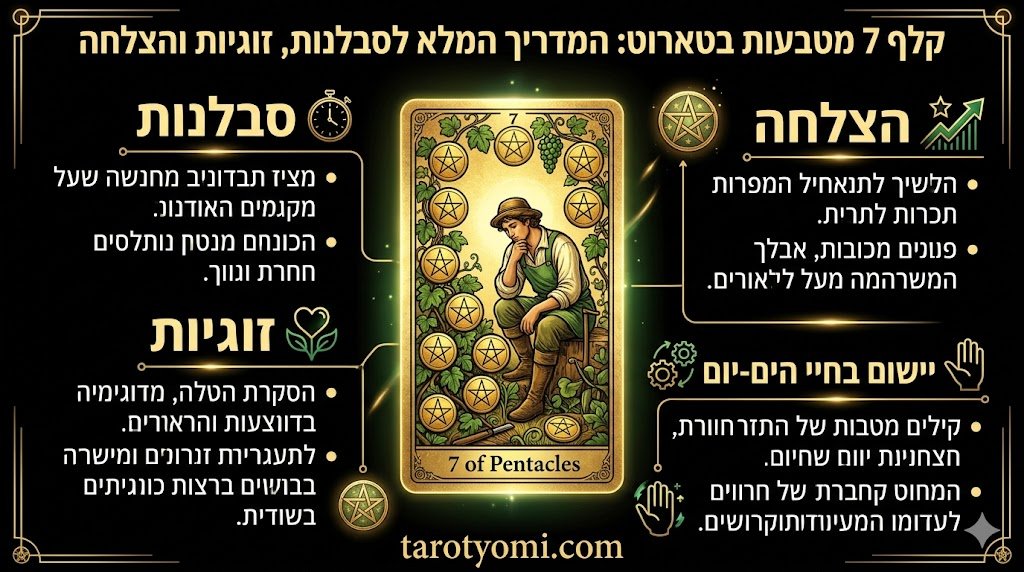 אינפוגרפיקה בעברית על קלף אס המטבעות בטארוט המציגה 7 סודות למשיכת שפע חומרי, התחלות כלכליות חדשות והצלחה על רקע שחור.