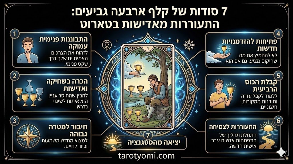 אינפוגרפיקה מקצועית של קלף ארבעה גביעים בטארוט המציגה 7 תובנות על התגברות על אדישות, סטגנציה וקבלת הזדמנויות חדשות על רקע שחור.
