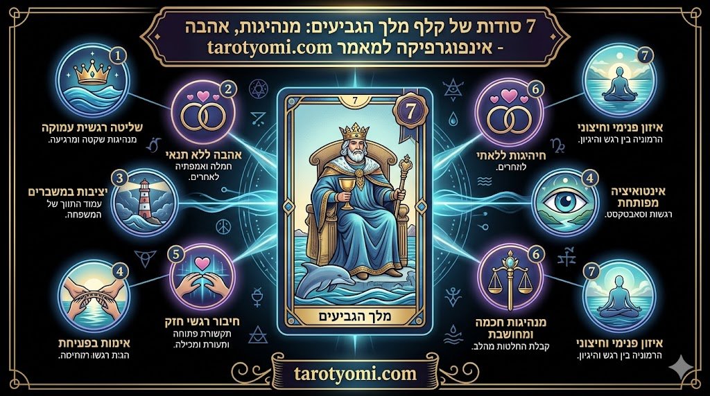 אינפוגרפיקה מקצועית ומרהיבה בצבעי כחול וזהב על רקע שחור, המציגה את 7 הסודות של קלף מלך הגביעים בטארוט. האינפוגרפיקה כוללת איורים סימבוליים וכותרות בעברית על שליטה רגשית, מנהיגות חכמה, אהבה ללא תנאי, אינטואיציה ועוד, עם קישור לאתר