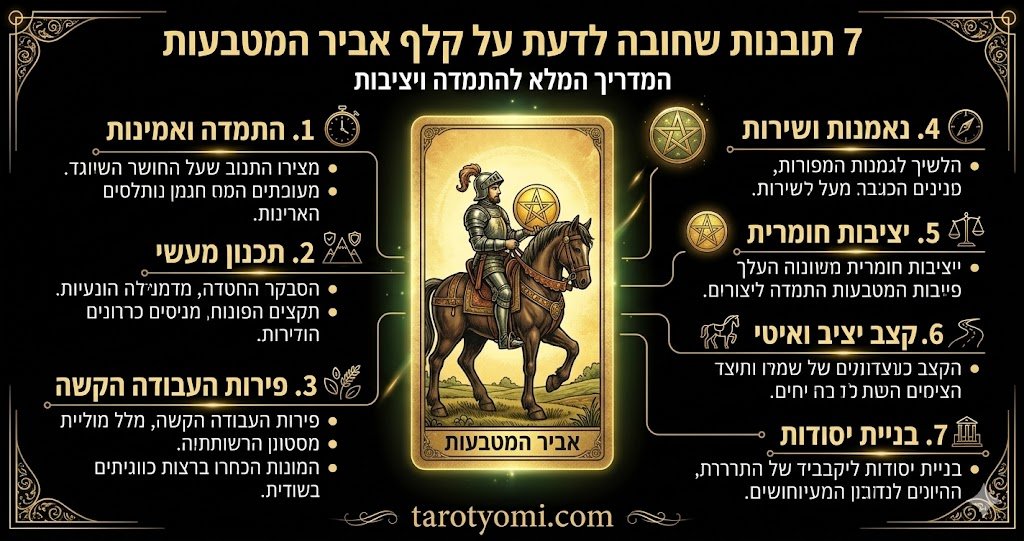 אינפוגרפיקה בעברית על קלף אביר המטבעות בטארוט המציגה 7 תובנות על התמדה, אחריות, תכנון מעשי ויציבות כלכלית על רקע שחור.