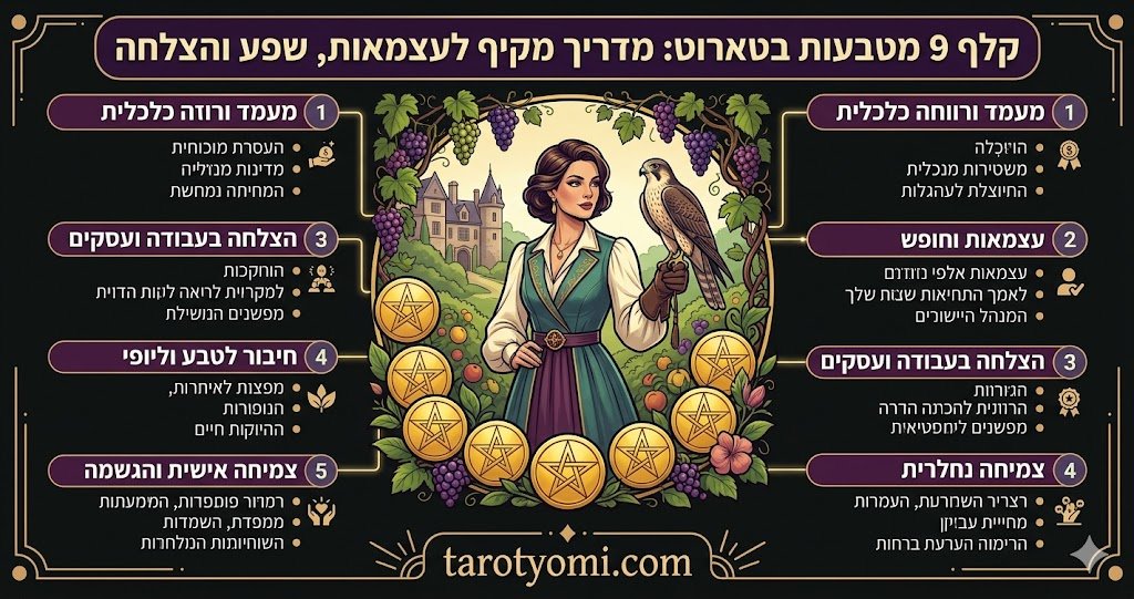 אינפוגרפיקה של קלף 9 מטבעות בטארוט המציגה מדריך להצלחה, שפע ועצמאות כלכלית על רקע שחור