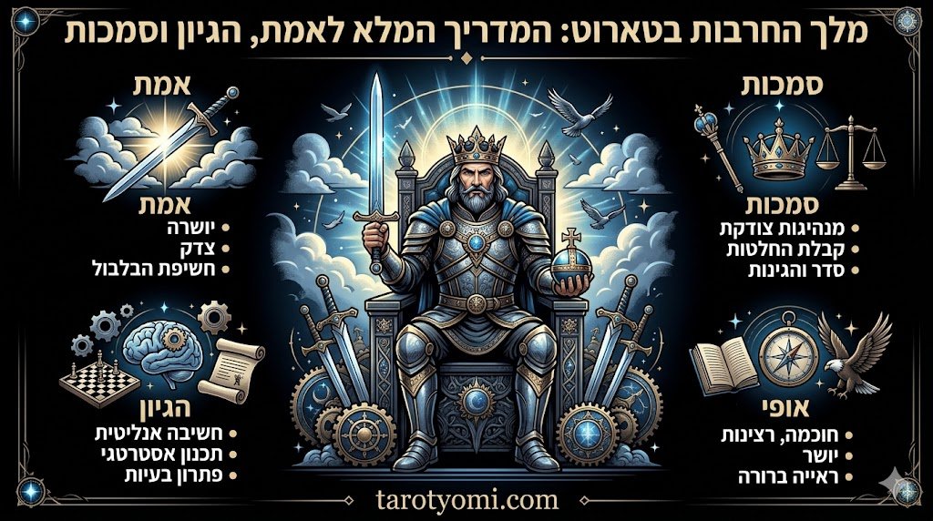 אינפוגרפיקה של קלף טארוט מלך החרבות עם הסברים על אמת, היגיון וסמכות על רקע שחור.