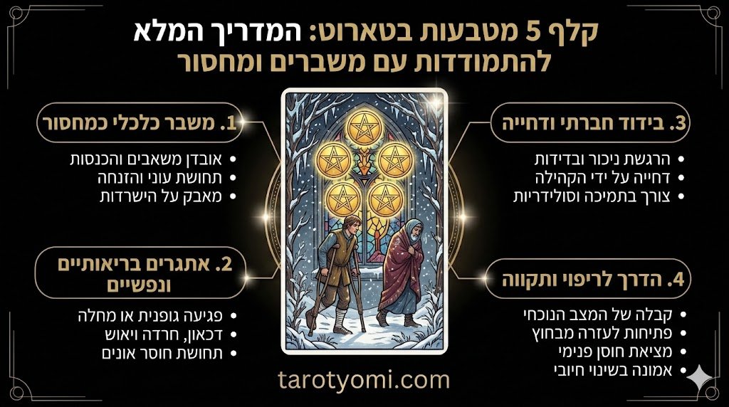 אינפוגרפיקה על קלף 5 מטבעות בטארוט המציגה מדריך להתמודדות עם משבר כלכלי, בדידות ומציאת תקווה על רקע שחור