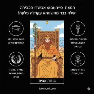 איור המציג את מלך המטות יושב על כס מלכות כתום עם אריות, אוחז במטה פורח ומביט בביטחון אל האופק