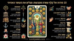 אינפוגרפיקה בעברית המציגה 10 סודות על קלף עשרה מטבעות בטארוט, כולל משפחה, מסורת, יציבות פיננסית ועושר הלב על רקע שחור.