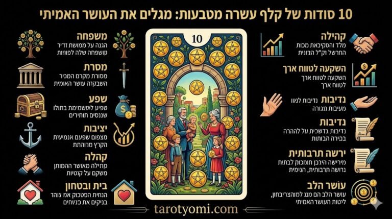 אינפוגרפיקה בעברית המציגה 10 סודות על קלף עשרה מטבעות בטארוט, כולל משפחה, מסורת, יציבות פיננסית ועושר הלב על רקע שחור.