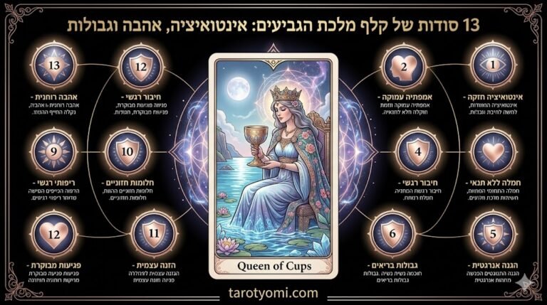 אינפוגרפיקה מונפשת ומקצועית של קלף מלכת הגביעים בטארוט המציגה 13 תובנות על עומק רגשי, אינטואיציה והצבת גבולות על רקע שחור יוקרתי.