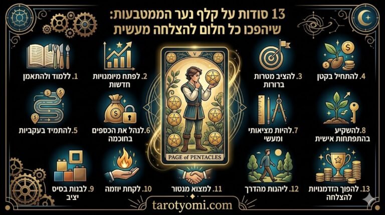 אינפוגרפיקה בעברית המציגה 10 סודות על קלף נער המטבעות בטארוט, כולל לימוד, מיומנויות, מטרות והתמדה על רקע שחור.