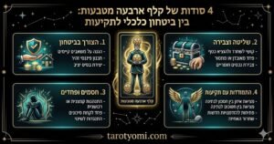 אינפוגרפיקה בעברית על קלף 4 מטבעות בטארוט המציגה את הקשר בין ביטחון כלכלי, שליטה ופחד משינוי על רקע שחור.