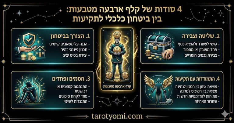אינפוגרפיקה בעברית על קלף 4 מטבעות בטארוט המציגה את הקשר בין ביטחון כלכלי, שליטה ופחד משינוי על רקע שחור.