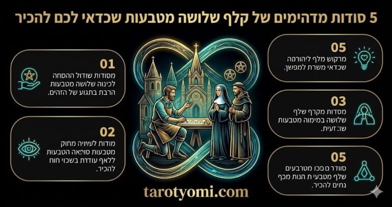 אינפוגרפיקה בעברית על קלף שלושה מטבעות בטארוט המציגה 5 סודות על שיתוף פעולה, מקצועיות ובניית יסודות להצלחה על רקע שחור.