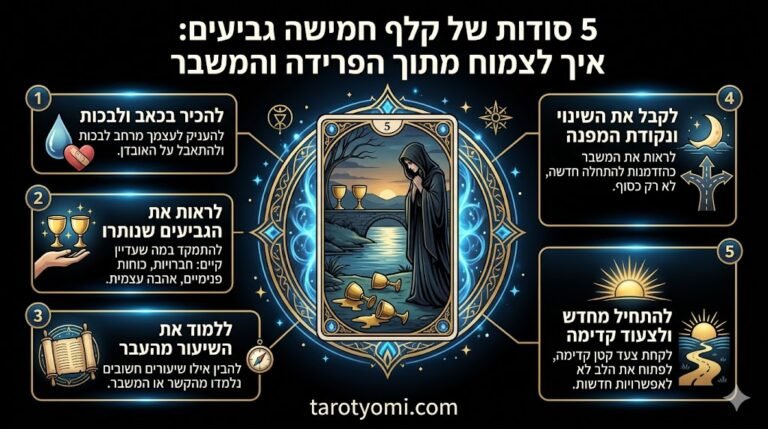 אינפוגרפיקה מקצועית של קלף חמישה גביעים המציגה 5 שלבים להתגברות על משבר, פרידה ומציאת תקווה חדשה על רקע שחור.