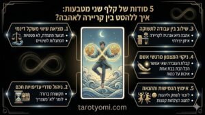 אינפוגרפיקה בעברית על קלף שני מטבעות בטארוט המציגה 5 דרכים למציאת איזון בין עבודה, זוגיות וניהול זמן על רקע שחור.