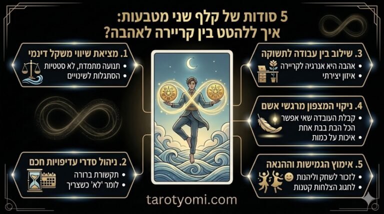 אינפוגרפיקה בעברית על קלף שני מטבעות בטארוט המציגה 5 דרכים למציאת איזון בין עבודה, זוגיות וניהול זמן על רקע שחור.