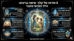 אינפוגרפיקה מקצועית של קלף שישה גביעים בטארוט המציגה 6 תובנות על ריפוי הילד הפנימי, זיכרונות העבר ונוסטלגיה בריאה על רקע שחור.
