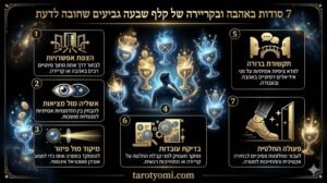 אינפוגרפיקה מפורטת על קלף שבעה גביעים בטארוט, המציגה 7 תובנות על בחירות, אשליות ומיקוד באהבה ובקריירה על רקע שחור יוקרתי.