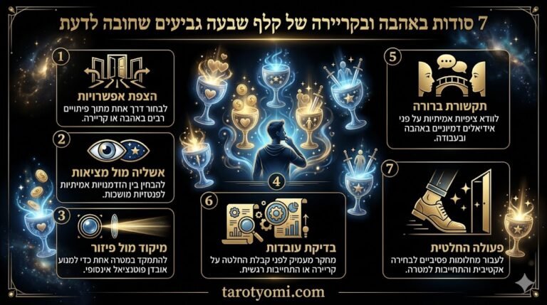 אינפוגרפיקה מפורטת על קלף שבעה גביעים בטארוט, המציגה 7 תובנות על בחירות, אשליות ומיקוד באהבה ובקריירה על רקע שחור יוקרתי.