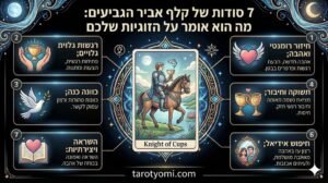 אינפוגרפיקה מקצועית של קלף אביר הגביעים בטארוט המציגה 7 תובנות על רומנטיקה, הצעות אהבה, וחיפוש אחר קשר רגשי אידיאלי על רקע שחור.