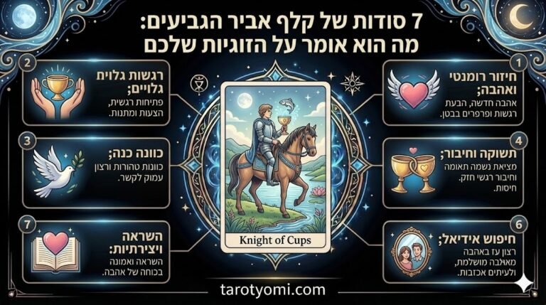 אינפוגרפיקה מקצועית של קלף אביר הגביעים בטארוט המציגה 7 תובנות על רומנטיקה, הצעות אהבה, וחיפוש אחר קשר רגשי אידיאלי על רקע שחור.