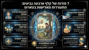 אינפוגרפיקה מקצועית של קלף ארבעה גביעים בטארוט המציגה 7 תובנות על התגברות על אדישות, סטגנציה וקבלת הזדמנויות חדשות על רקע שחור.