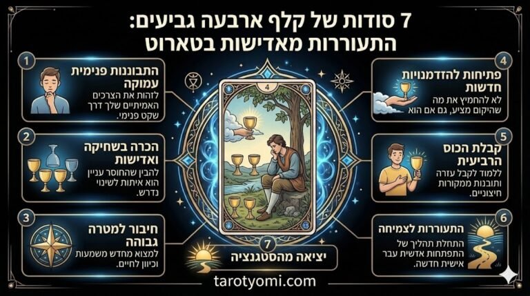 אינפוגרפיקה מקצועית של קלף ארבעה גביעים בטארוט המציגה 7 תובנות על התגברות על אדישות, סטגנציה וקבלת הזדמנויות חדשות על רקע שחור.