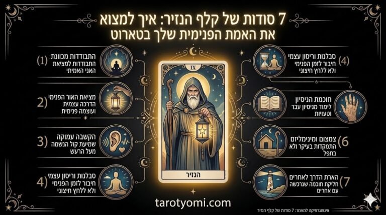 אינפוגרפיקה מקצועית של קלף הנזיר בטארוט המציגה 7 תובנות על התבודדות מכוונת, מציאת האור הפנימי, חוכמת הניסיון והדרכה עצמית על רקע שחור יוקרתי.
