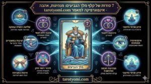 אינפוגרפיקה מקצועית ומרהיבה בצבעי כחול וזהב על רקע שחור, המציגה את 7 הסודות של קלף מלך הגביעים בטארוט. האינפוגרפיקה כוללת איורים סימבוליים וכותרות בעברית על שליטה רגשית, מנהיגות חכמה, אהבה ללא תנאי, אינטואיציה ועוד, עם קישור לאתר