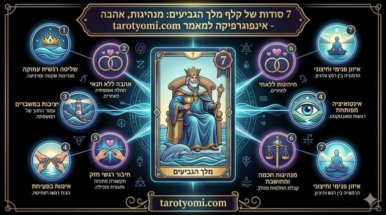 אינפוגרפיקה מקצועית ומרהיבה בצבעי כחול וזהב על רקע שחור, המציגה את 7 הסודות של קלף מלך הגביעים בטארוט. האינפוגרפיקה כוללת איורים סימבוליים וכותרות בעברית על שליטה רגשית, מנהיגות חכמה, אהבה ללא תנאי, אינטואיציה ועוד, עם קישור לאתר
