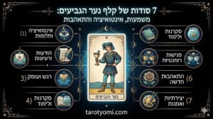 אינפוגרפיקה מקצועית של קלף נער הגביעים בטארוט המציגה 7 תובנות על התחלות רגשיות, מסרים, אינטואיציה והתאהבות חדשה על רקע שחור.