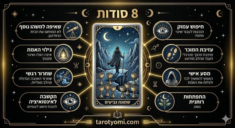 אינפוגרפיקה מקצועית של קלף שמונה גביעים בטארוט המציגה 8 סודות על עזיבה, צמיחה רוחנית וחיפוש אחר משמעות עמוקה יותר.