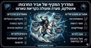 An infographic in Hebrew about the Knight of Swords tarot card, featuring a knight on a white horse in a storm. It details key characteristics like intellect, rapid action, and direct communication, along with challenges and advice.