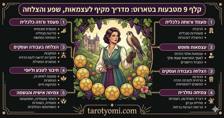 אינפוגרפיקה של קלף 9 מטבעות בטארוט המציגה מדריך להצלחה, שפע ועצמאות כלכלית על רקע שחור