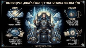 אינפוגרפיקה של קלף טארוט מלך החרבות עם הסברים על אמת, היגיון וסמכות על רקע שחור.