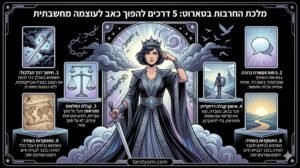 אינפוגרפיקה מפורטת בסגנון קלפי טארוט המציגה 5 דרכים להפיכת כאב לעוצמה מחשבתית לפי קלף מלכת החרבות. בתמונה נראית אישה חזקה עם כתר וחרב, מוקפת בחמישה שלבים מאויירים וטקסט בעברית על רקע שחור, עם כתובת האתר tarotyomi.com בתחתית.