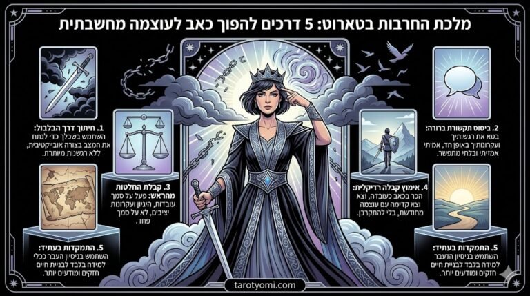 אינפוגרפיקה מפורטת בסגנון קלפי טארוט המציגה 5 דרכים להפיכת כאב לעוצמה מחשבתית לפי קלף מלכת החרבות. בתמונה נראית אישה חזקה עם כתר וחרב, מוקפת בחמישה שלבים מאויירים וטקסט בעברית על רקע שחור, עם כתובת האתר tarotyomi.com בתחתית.
