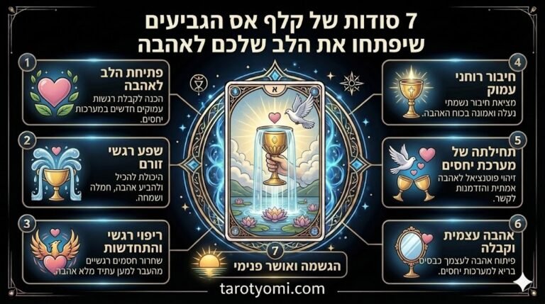 אינפוגרפיקה מקצועית של קלף אס הגביעים בטארוט המציגה 7 תובנות על פתיחת הלב, התחלות רגשיות חדשות ואהבה ללא תנאי על רקע שחור יוקרתי.