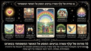 אינפוגרפיקה מקצועית ומרהיבה של קלף עשרה גביעים בטארוט המציגה 10 תובנות על הרמוניה משפחתית, שמחה, חיבור רגשי והגשמה על רקע שחור.