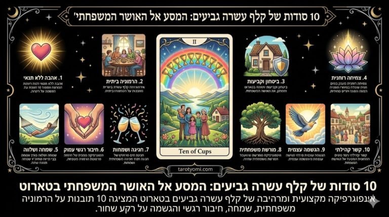 אינפוגרפיקה מקצועית ומרהיבה של קלף עשרה גביעים בטארוט המציגה 10 תובנות על הרמוניה משפחתית, שמחה, חיבור רגשי והגשמה על רקע שחור.