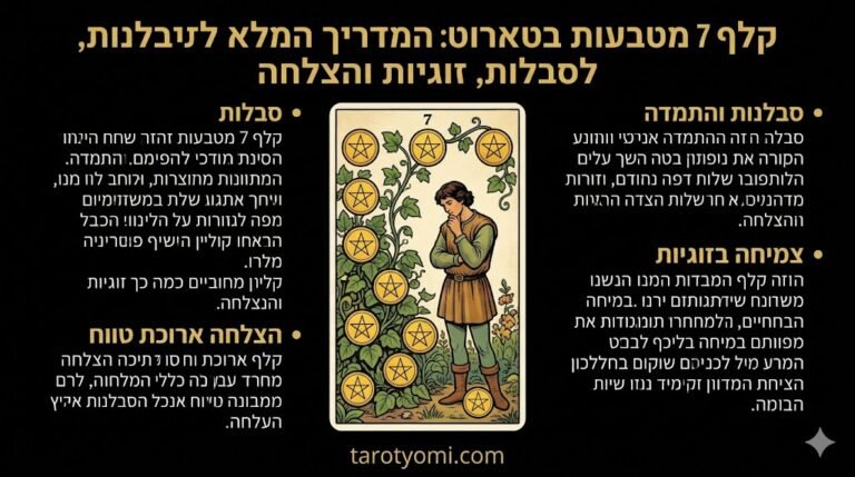 אינפוגרפיקה המסבירה את המשמעויות של קלף 7 מטבעות בטארוט: סבלנות, זוגיות והצלחה ארוכת טווח.