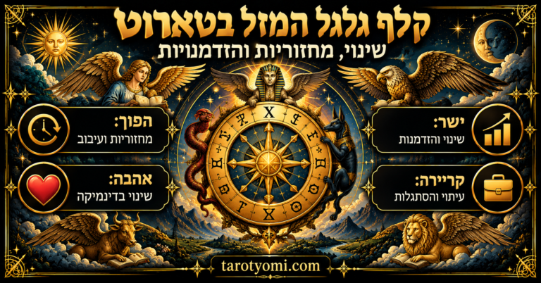 אינפוגרפיקה בעברית של קלף גלגל המזל בטארוט X, עם גלגל זהוב, ספינקס, נחש וארבע דמויות מכונפות, על רקע שחור וזהב, ופירושים לשינוי, מחזוריות, אהבה וקריירה.