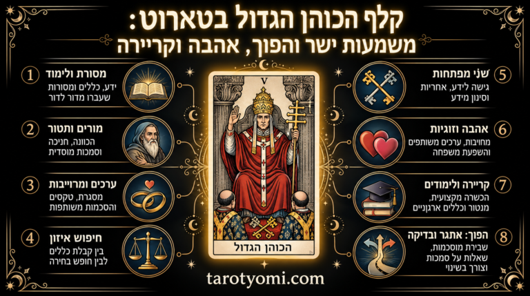 קלף הכוהן הגדול בטארוט (The Hierophant) – אינפוגרפיקה על משמעות הקלף הישר וההפוך, אהבה, קריירה וסמליות רוחנית.